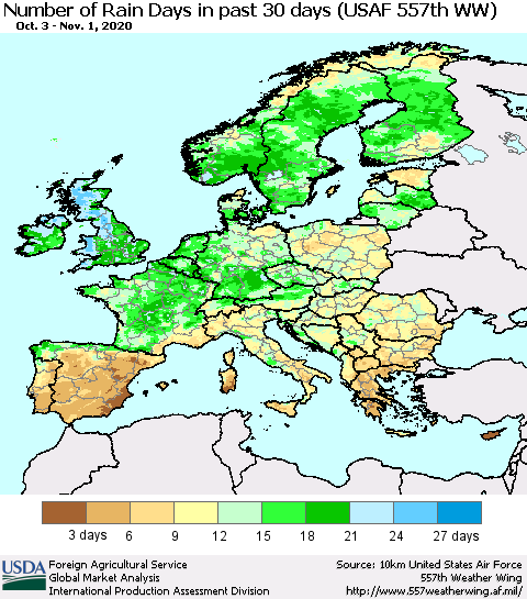 Europe Number of Rain Days in past 30 days (USAF 557th WW) 11/01/2020 Thematic Map For 10/26/2020 - 11/1/2020