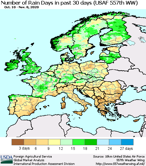 Europe Number of Rain Days in past 30 days (USAF 557th WW) 11/08/2020 Thematic Map For 11/2/2020 - 11/8/2020
