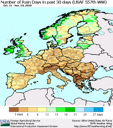 Europe Number of Rain Days in past 30 days (USAF 557th WW) 11/29/2020 Thematic Map For 11/23/2020 - 11/29/2020