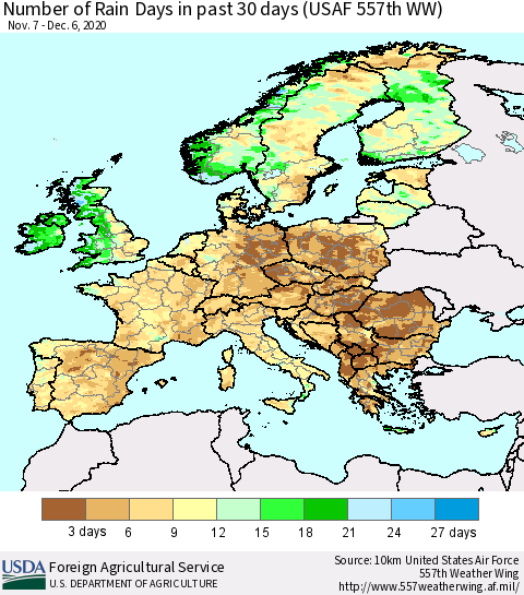 Europe Number of Rain Days in past 30 days (USAF 557th WW) 12/06/2020 Thematic Map For 11/30/2020 - 12/6/2020
