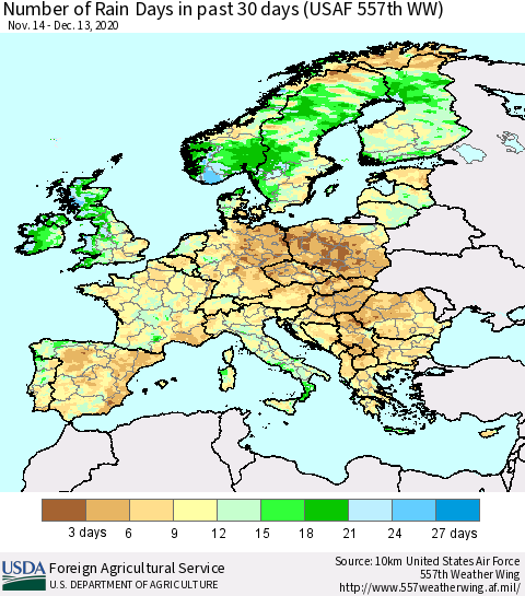 Europe Number of Rain Days in past 30 days (USAF 557th WW) 12/13/2020 Thematic Map For 12/7/2020 - 12/13/2020