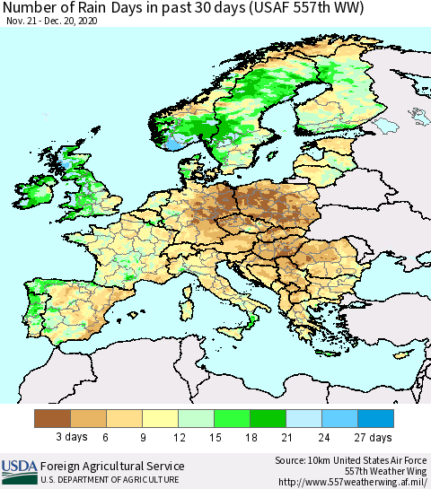 Europe Number of Rain Days in past 30 days (USAF 557th WW) 12/20/2020 Thematic Map For 12/14/2020 - 12/20/2020