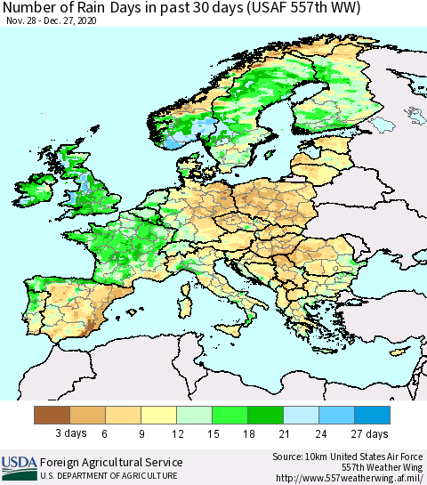 Europe Number of Rain Days in past 30 days (USAF 557th WW) 12/27/2020 Thematic Map For 12/21/2020 - 12/27/2020