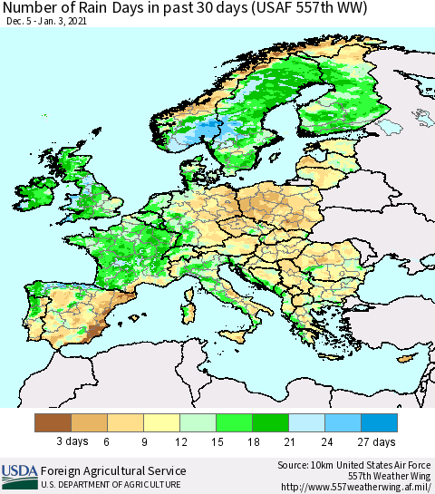 Europe Number of Rain Days in past 30 days (USAF 557th WW) 01/03/2021 Thematic Map For 12/28/2020 - 1/3/2021