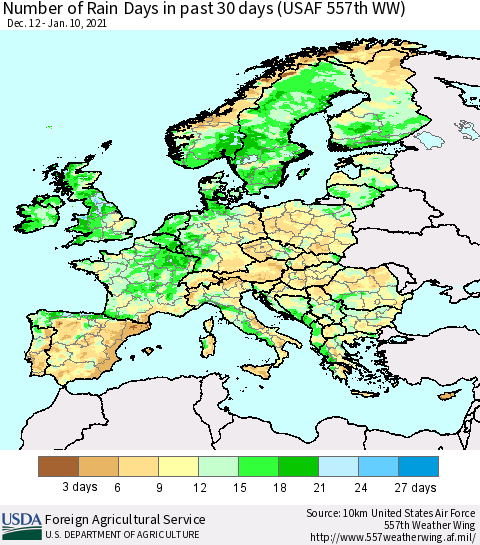 Europe Number of Rain Days in past 30 days (USAF 557th WW) 01/10/2021 Thematic Map For 1/4/2021 - 1/10/2021