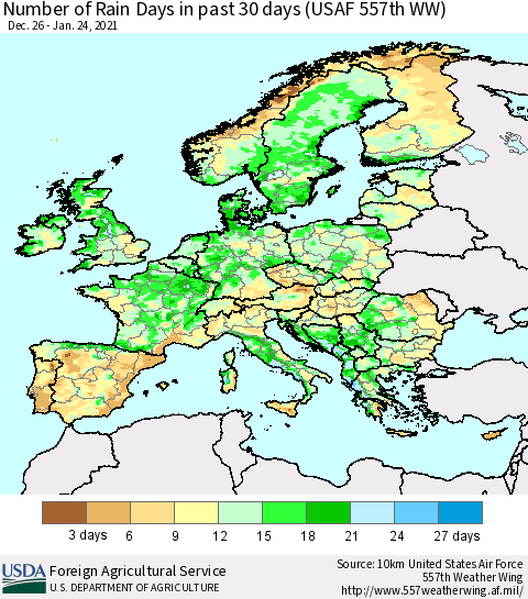 Europe Number of Rain Days in past 30 days (USAF 557th WW) 01/24/2021 Thematic Map For 1/18/2021 - 1/24/2021