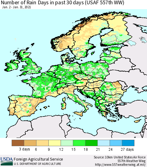 Europe Number of Rain Days in past 30 days (USAF 557th WW) 01/31/2021 Thematic Map For 1/25/2021 - 1/31/2021