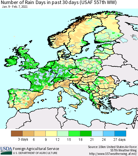 Europe Number of Rain Days in past 30 days (USAF 557th WW) 02/07/2021 Thematic Map For 2/1/2021 - 2/7/2021