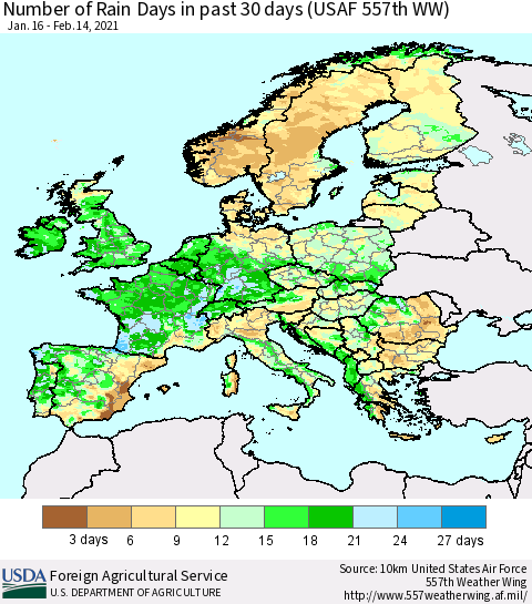 Europe Number of Rain Days in past 30 days (USAF 557th WW) 02/14/2021 Thematic Map For 2/8/2021 - 2/14/2021