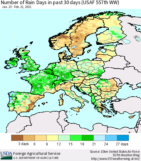 Europe Number of Rain Days in past 30 days (USAF 557th WW) 02/21/2021 Thematic Map For 2/15/2021 - 2/21/2021