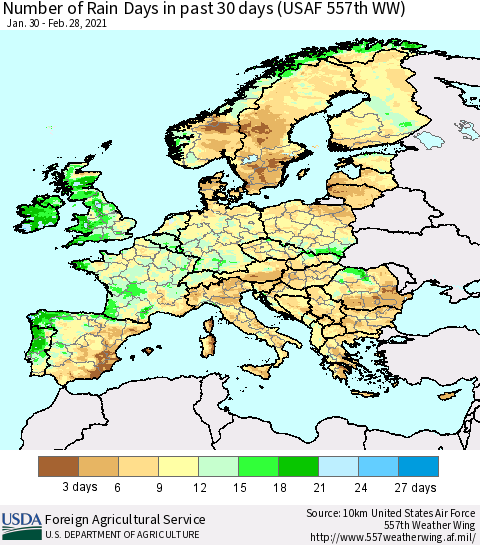Europe Number of Rain Days in past 30 days (USAF 557th WW) 02/28/2021 Thematic Map For 2/22/2021 - 2/28/2021