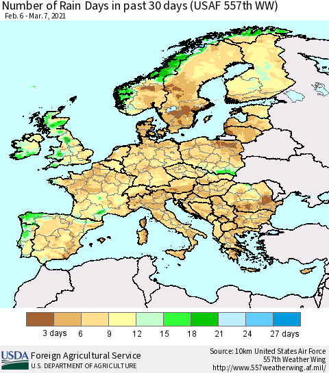 Europe Number of Rain Days in past 30 days (USAF 557th WW) 03/07/2021 Thematic Map For 3/1/2021 - 3/7/2021