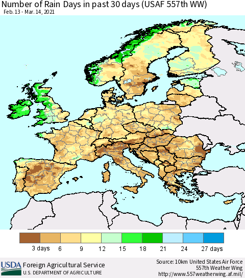 Europe Number of Rain Days in past 30 days (USAF 557th WW) 03/14/2021 Thematic Map For 3/8/2021 - 3/14/2021