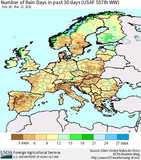 Europe Number of Rain Days in past 30 days (USAF 557th WW) 03/21/2021 Thematic Map For 3/15/2021 - 3/21/2021