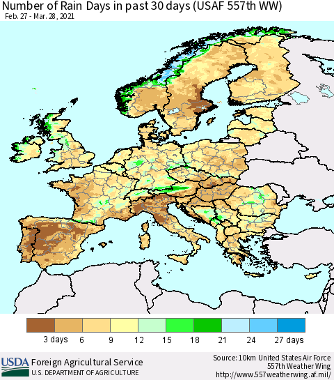 Europe Number of Rain Days in past 30 days (USAF 557th WW) 03/28/2021 Thematic Map For 3/22/2021 - 3/28/2021