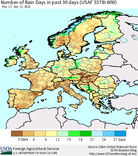 Europe Number of Rain Days in past 30 days (USAF 557th WW) 04/11/2021 Thematic Map For 4/5/2021 - 4/11/2021