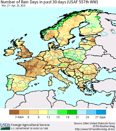 Europe Number of Rain Days in past 30 days (USAF 557th WW) 04/25/2021 Thematic Map For 4/19/2021 - 4/25/2021