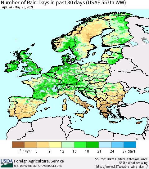 Europe Number of Rain Days in past 30 days (USAF 557th WW) 05/23/2021 Thematic Map For 5/17/2021 - 5/23/2021