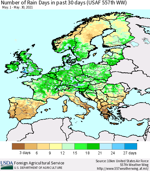 Europe Number of Rain Days in past 30 days (USAF 557th WW) 05/30/2021 Thematic Map For 5/24/2021 - 5/30/2021