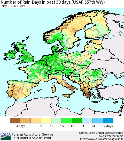 Europe Number of Rain Days in past 30 days (USAF 557th WW) 06/06/2021 Thematic Map For 5/31/2021 - 6/6/2021