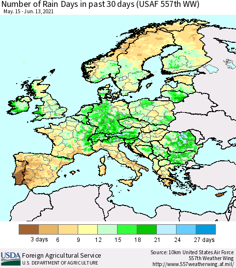 Europe Number of Rain Days in past 30 days (USAF 557th WW) 06/13/2021 Thematic Map For 6/7/2021 - 6/13/2021