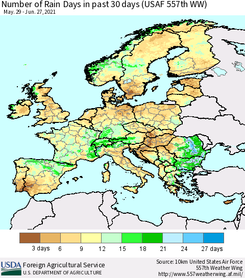 Europe Number of Rain Days in past 30 days (USAF 557th WW) 06/27/2021 Thematic Map For 6/21/2021 - 6/27/2021
