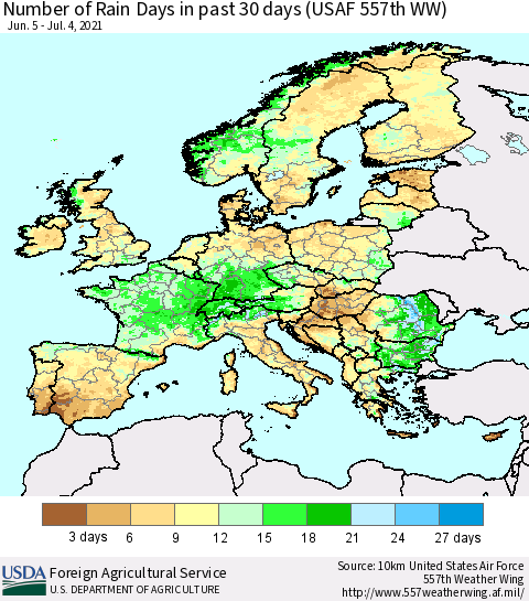 Europe Number of Rain Days in past 30 days (USAF 557th WW) 07/04/2021 Thematic Map For 6/28/2021 - 7/4/2021