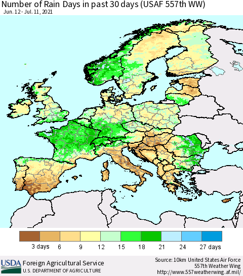 Europe Number of Rain Days in past 30 days (USAF 557th WW) 07/11/2021 Thematic Map For 7/5/2021 - 7/11/2021