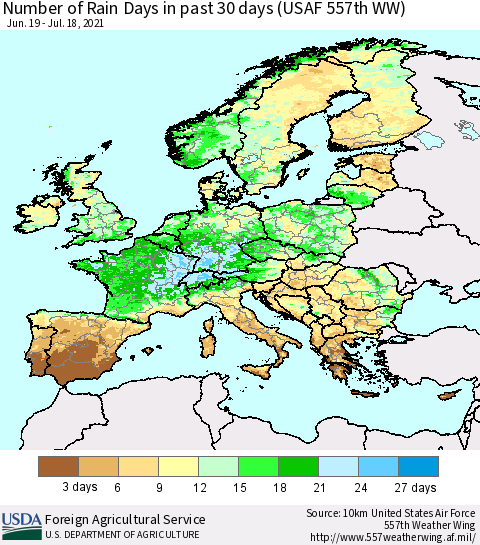 Europe Number of Rain Days in past 30 days (USAF 557th WW) 07/18/2021 Thematic Map For 7/12/2021 - 7/18/2021