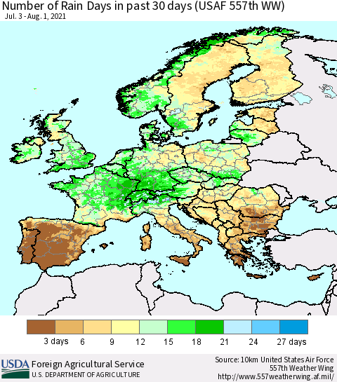 Europe Number of Rain Days in past 30 days (USAF 557th WW) 08/01/2021 Thematic Map For 7/26/2021 - 8/1/2021