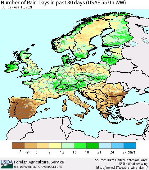Europe Number of Rain Days in past 30 days (USAF 557th WW) 08/15/2021 Thematic Map For 8/9/2021 - 8/15/2021