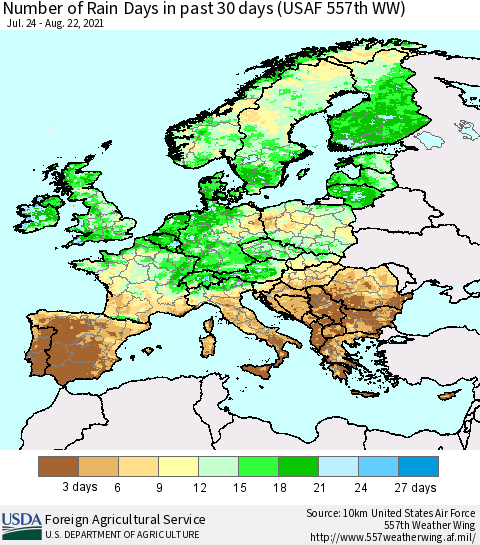 Europe Number of Rain Days in past 30 days (USAF 557th WW) 08/22/2021 Thematic Map For 8/16/2021 - 8/22/2021