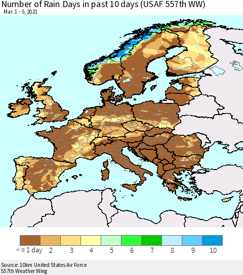 Europe Number of Rain Days in past 10 days (USAF 557th WW) Thematic Map For 3/1/2021 - 3/5/2021