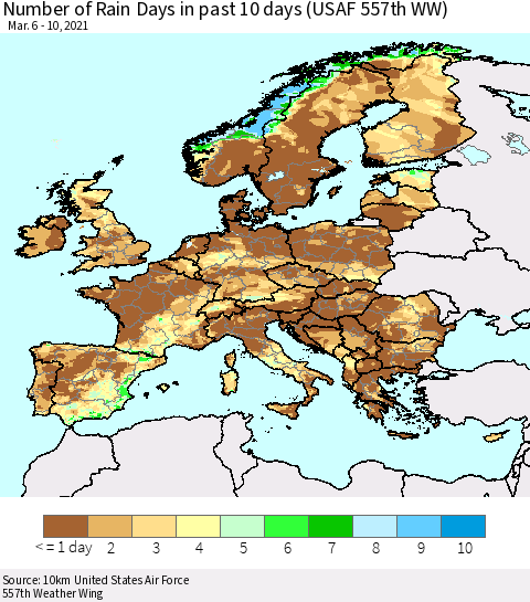 Europe Number of Rain Days in past 10 days (USAF 557th WW) Thematic Map For 3/6/2021 - 3/10/2021