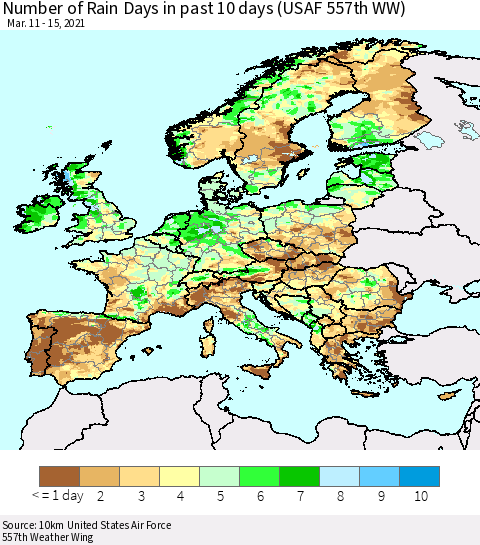 Europe Number of Rain Days in past 10 days (USAF 557th WW) Thematic Map For 3/11/2021 - 3/15/2021