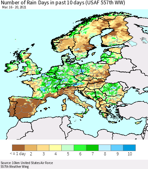 Europe Number of Rain Days in past 10 days (USAF 557th WW) Thematic Map For 3/16/2021 - 3/20/2021