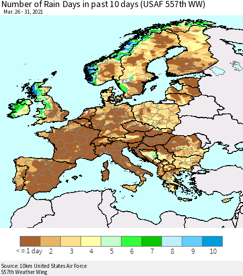 Europe Number of Rain Days in past 10 days (USAF 557th WW) Thematic Map For 3/26/2021 - 3/31/2021