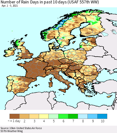 Europe Number of Rain Days in past 10 days (USAF 557th WW) Thematic Map For 4/1/2021 - 4/5/2021