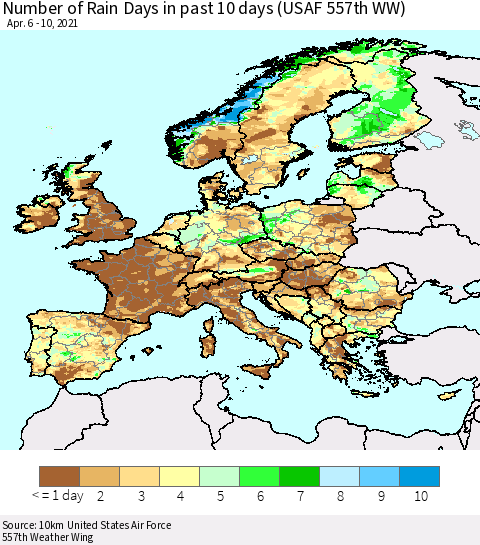 Europe Number of Rain Days in past 10 days (USAF 557th WW) Thematic Map For 4/6/2021 - 4/10/2021