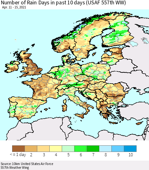 Europe Number of Rain Days in past 10 days (USAF 557th WW) Thematic Map For 4/11/2021 - 4/15/2021