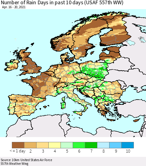Europe Number of Rain Days in past 10 days (USAF 557th WW) Thematic Map For 4/16/2021 - 4/20/2021