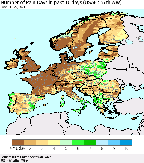 Europe Number of Rain Days in past 10 days (USAF 557th WW) Thematic Map For 4/21/2021 - 4/25/2021