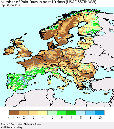 Europe Number of Rain Days in past 10 days (USAF 557th WW) Thematic Map For 4/26/2021 - 4/30/2021