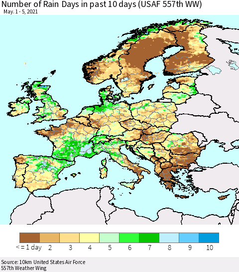 Europe Number of Rain Days in past 10 days (USAF 557th WW) Thematic Map For 5/1/2021 - 5/5/2021