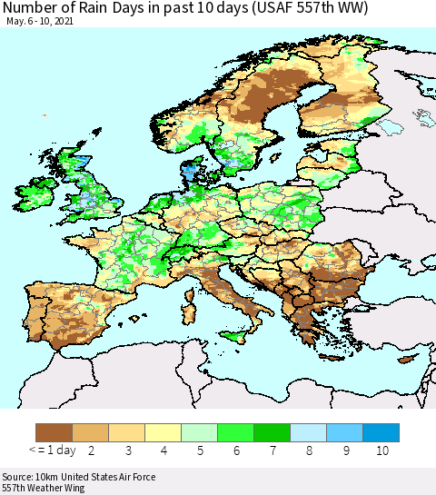 Europe Number of Rain Days in past 10 days (USAF 557th WW) Thematic Map For 5/6/2021 - 5/10/2021