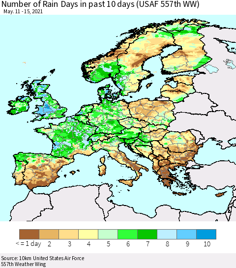 Europe Number of Rain Days in past 10 days (USAF 557th WW) Thematic Map For 5/11/2021 - 5/15/2021