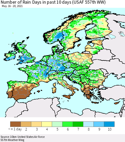 Europe Number of Rain Days in past 10 days (USAF 557th WW) Thematic Map For 5/16/2021 - 5/20/2021