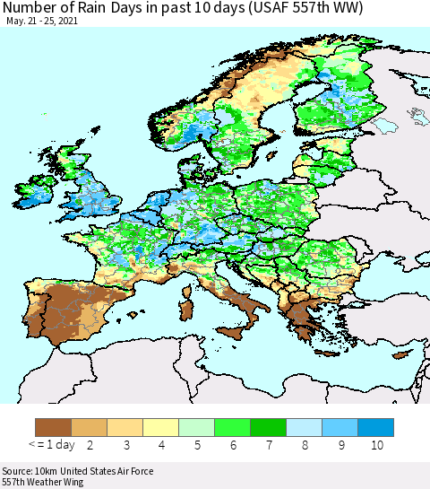 Europe Number of Rain Days in past 10 days (USAF 557th WW) Thematic Map For 5/21/2021 - 5/25/2021