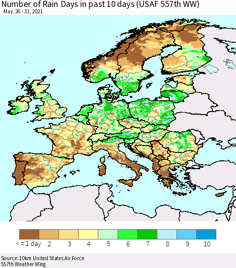 Europe Number of Rain Days in past 10 days (USAF 557th WW) Thematic Map For 5/26/2021 - 5/31/2021