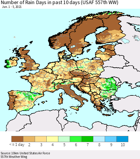 Europe Number of Rain Days in past 10 days (USAF 557th WW) Thematic Map For 6/1/2021 - 6/5/2021